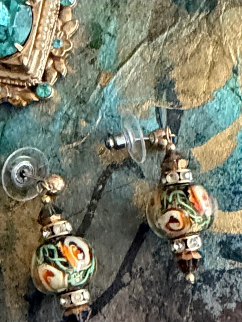 Handmade blown glass orange flowers crystal rhondelles posts pierced earrings