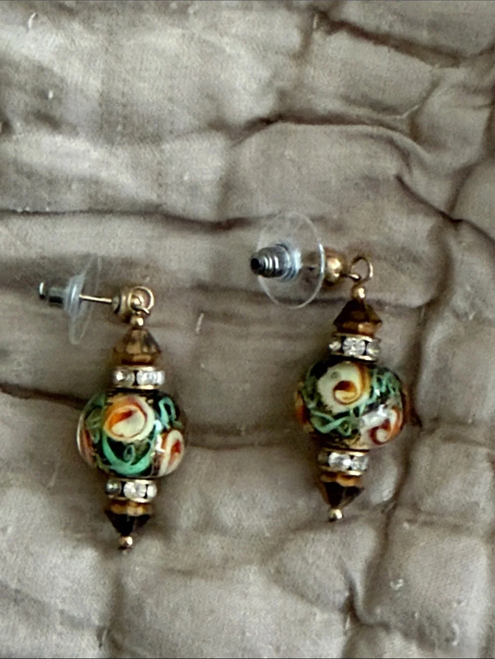 Handmade blown glass orange flowers crystal rhondelles posts pierced earrings