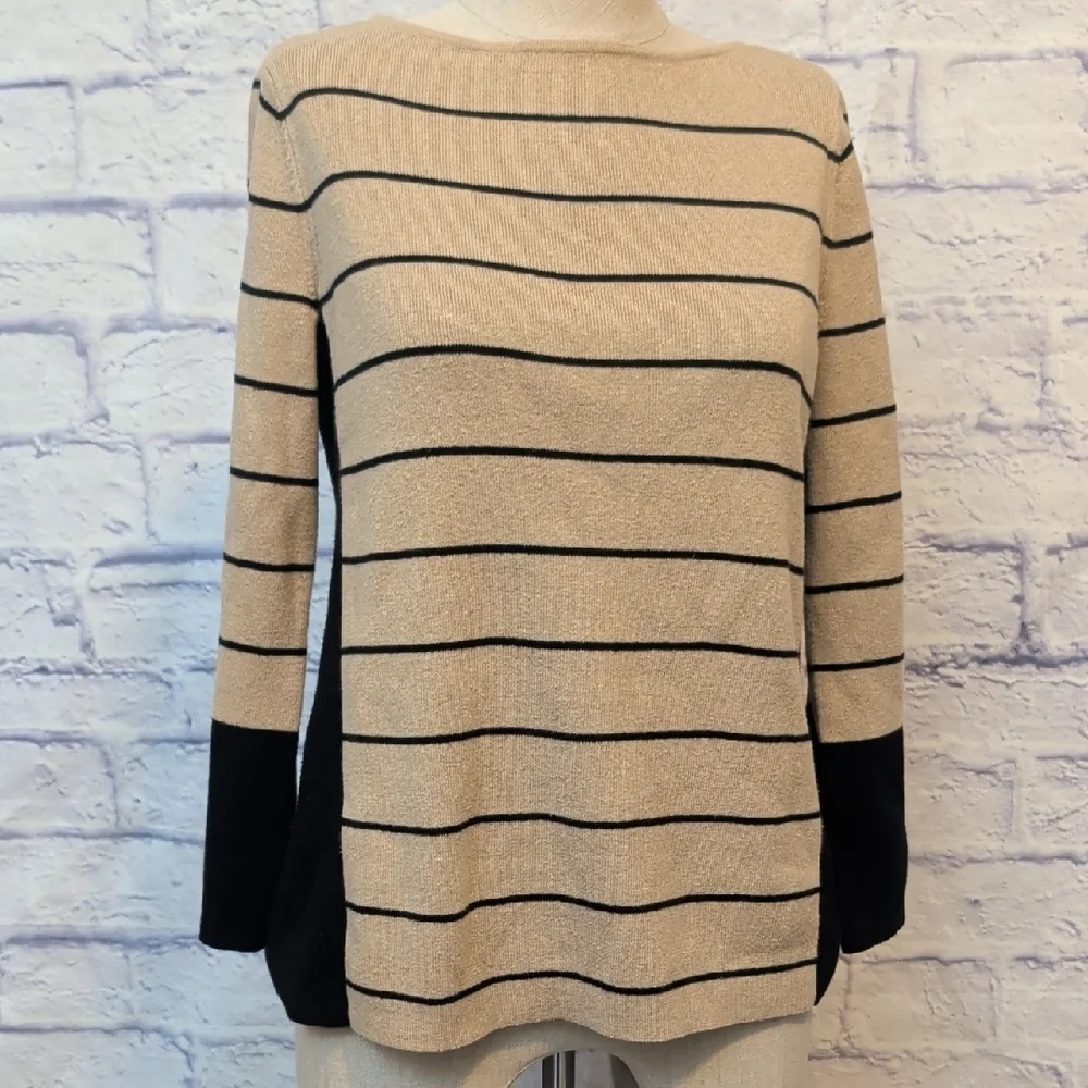Chico's Beige & Black Striped Sweater - Size Medium (Chicos Size 1)
