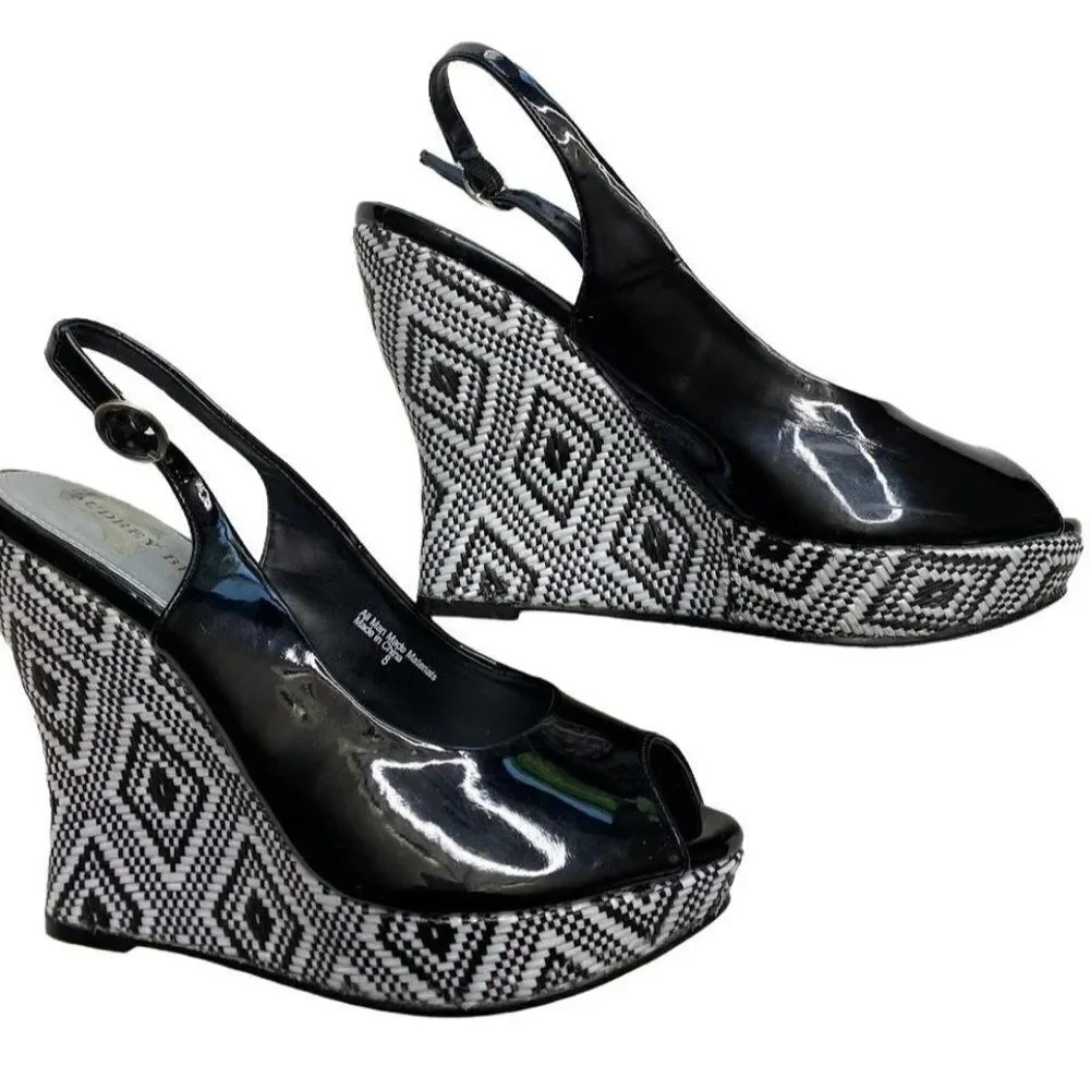 Audrey Brooke Peep Toe‎ Black White Patent Leather Wedge Slingback Shoe Sz 8