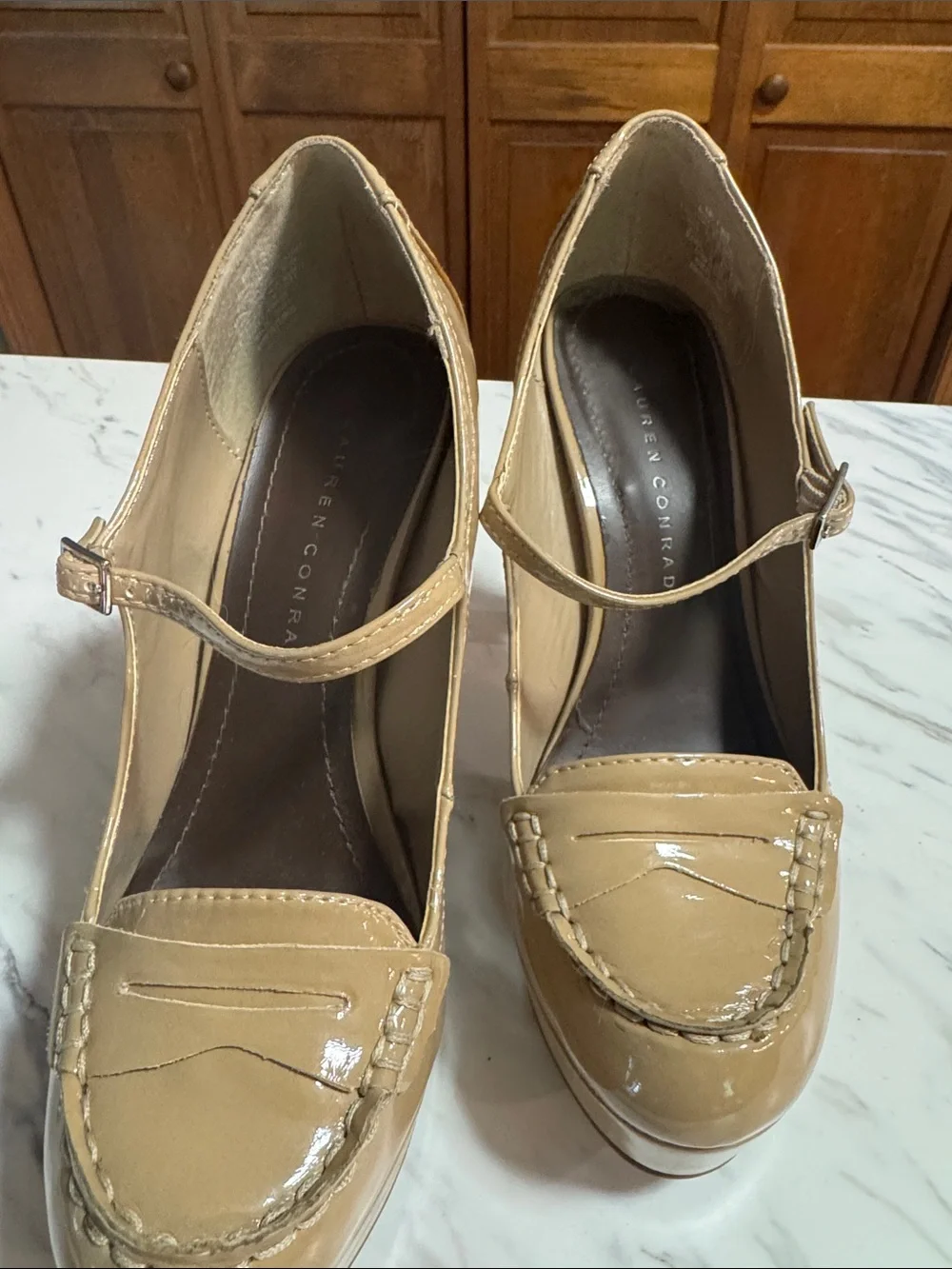 LC Lauren Conrad Patent Mary Jane Platform Heels in Tan