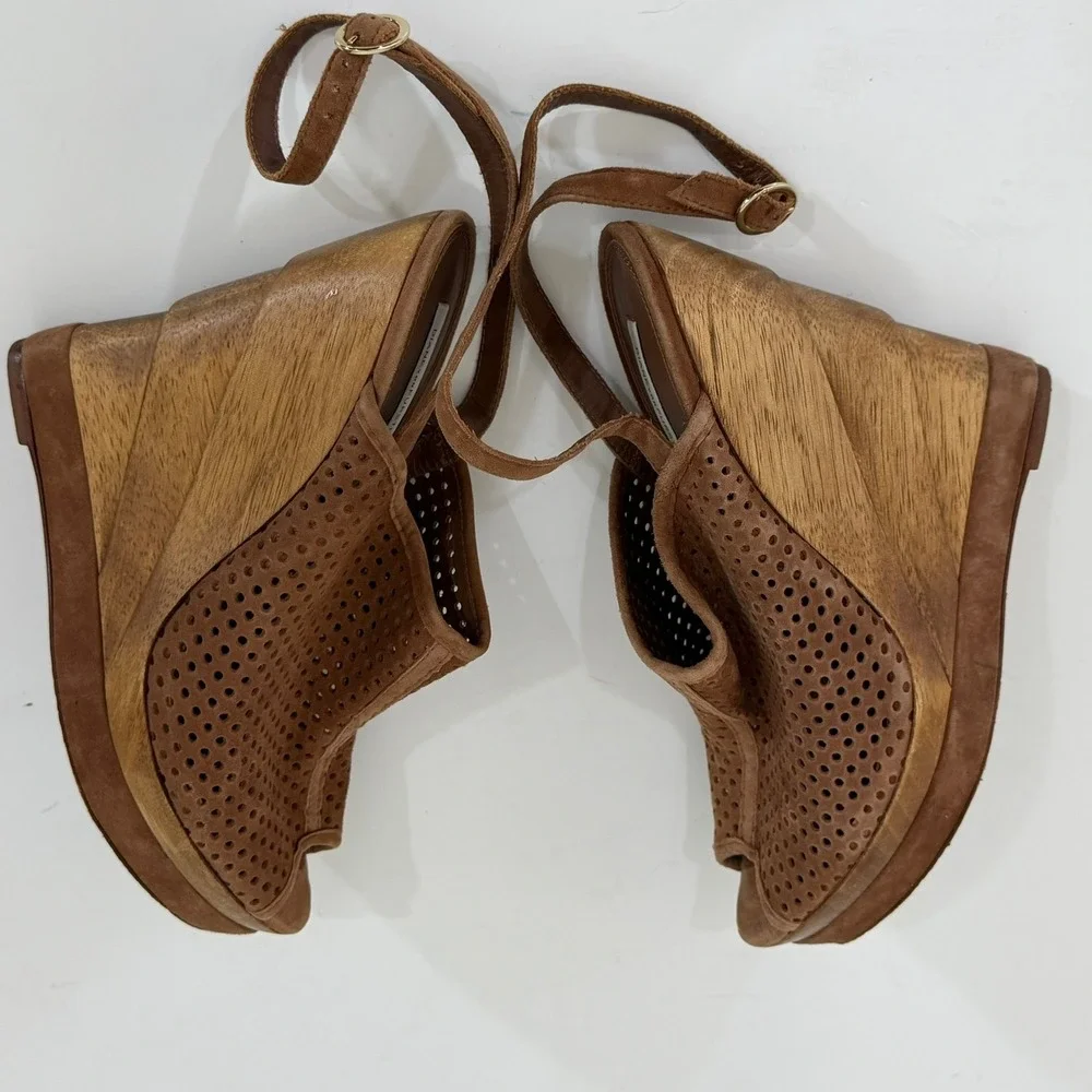 Diane von Furstenberg DVF Wedge Sandals 9.5M Brown Suede Perforated Wood Heel