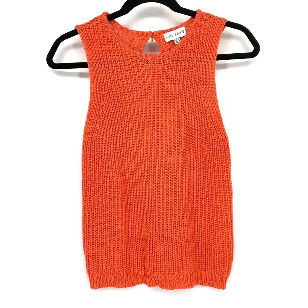 Lucy Paris Sweater Vest Womens Size XS Orange Open Knit Sleeveless