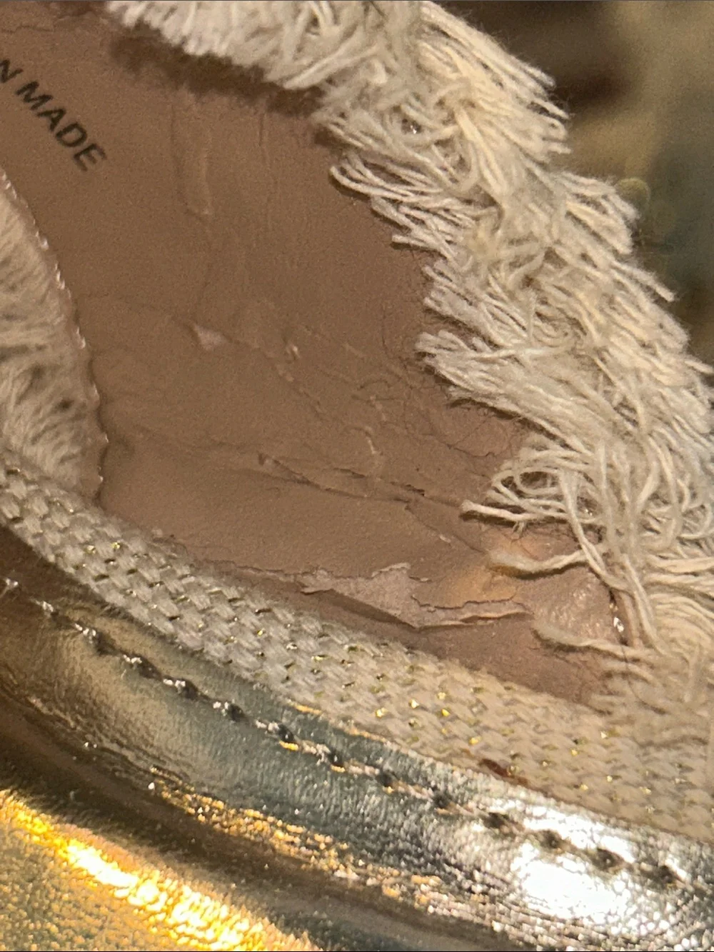 JustFab Cream Frayed Platform Slide Sandals with Gold Floral Accents