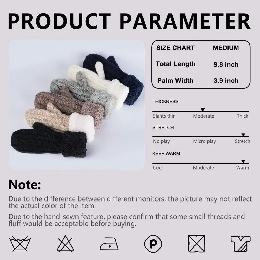 Women's Gray White Winter Warm Imported Fleece Lining Wool Knit Thick Gloves