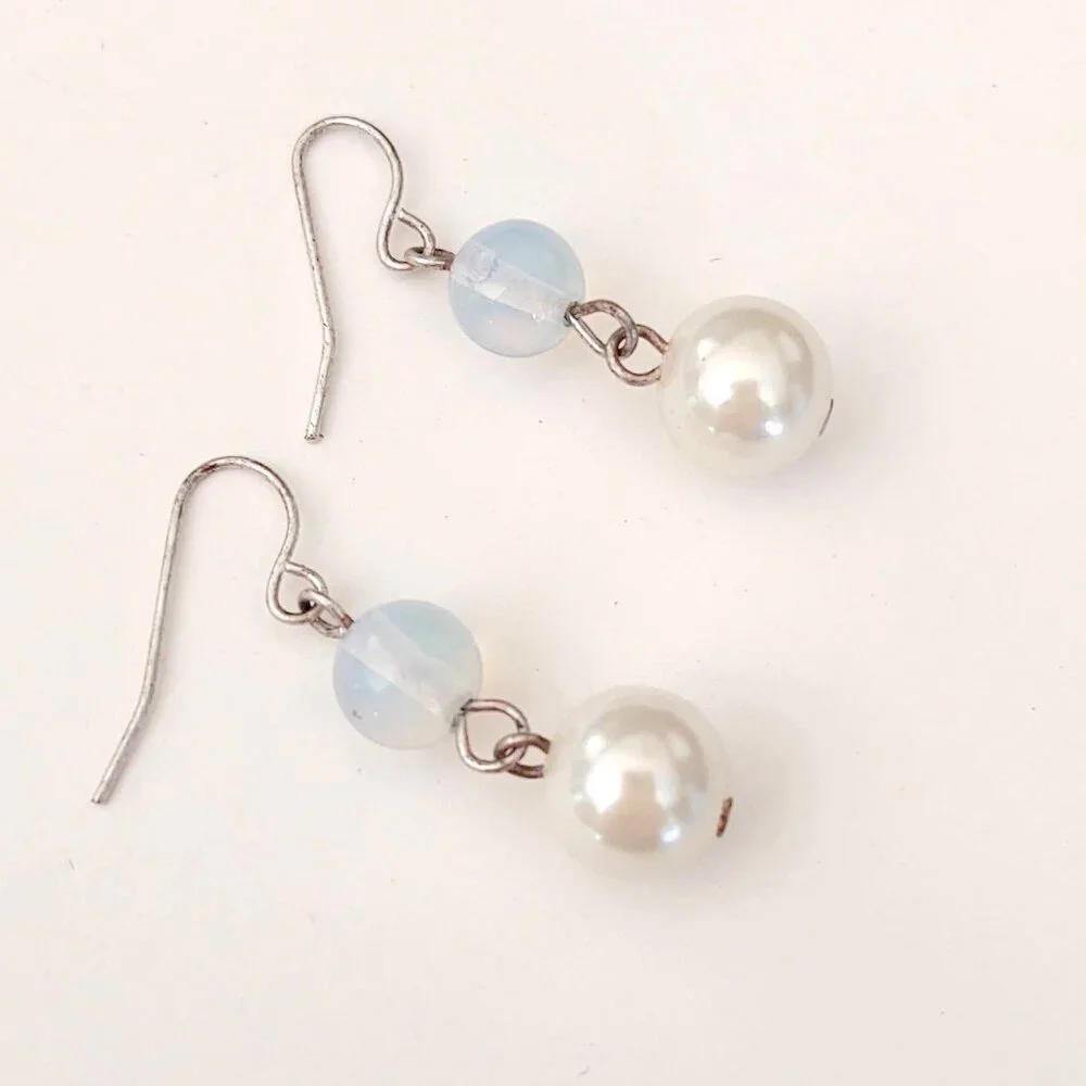 Faux pearl and pale blue drop earrings