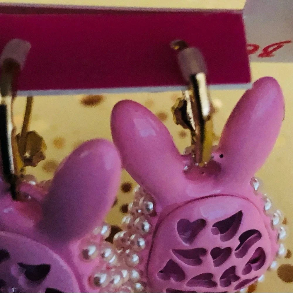 Authentic Betsey Johnson Earrings, Pink Enamel Bunny Pearl Beaded Rhinestone NWT