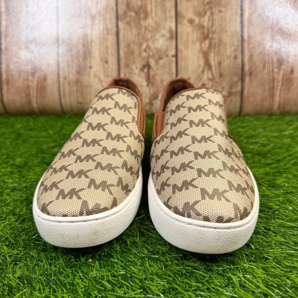 Michael Kors Keaton Slip On Sneakers Womens Size 8 Brown Logo Monogram Casual
