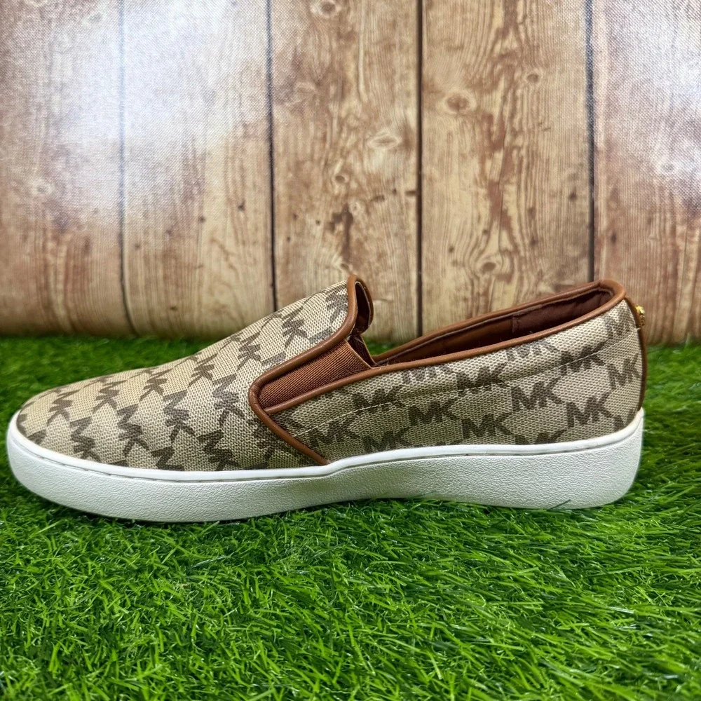 Michael Kors Keaton Slip On Sneakers Womens Size 8 Brown Logo Monogram Casual