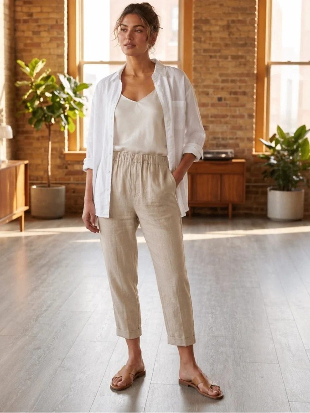 Quince 100% European Linen Cropped Pants Small Flax Elastic Waist