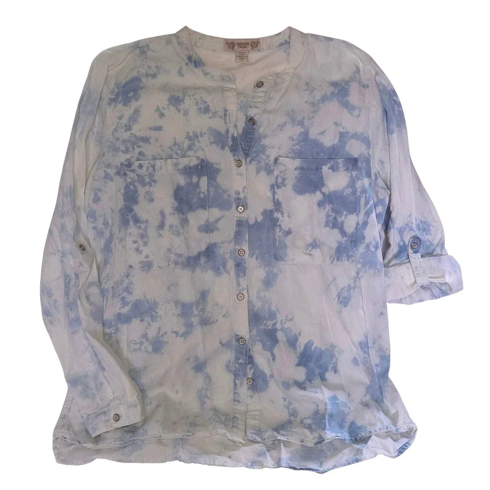 Vintage America Blues Button Down Women L Blue Excellent Tie Dye Roll Tab‎ Boho