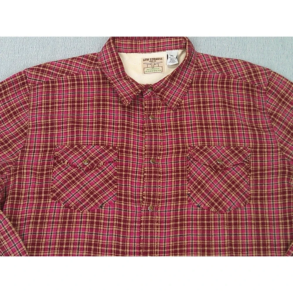 Levis Shirt‎ Mens Size XL Red Plaid Snap Buttons Western Cowboy Long Sleeve