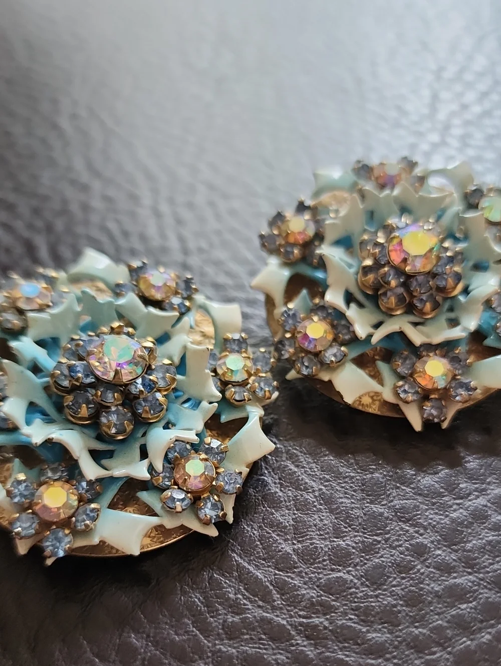 Vintage Style Aqua Crystal Flower Clip-On Earrings