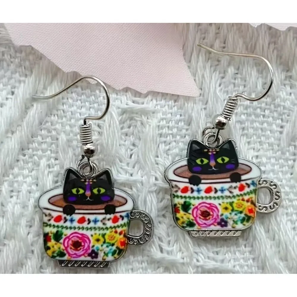 Black Cats in Coffee Tea Cups‎ Silvertone Fashion Earrings NEW