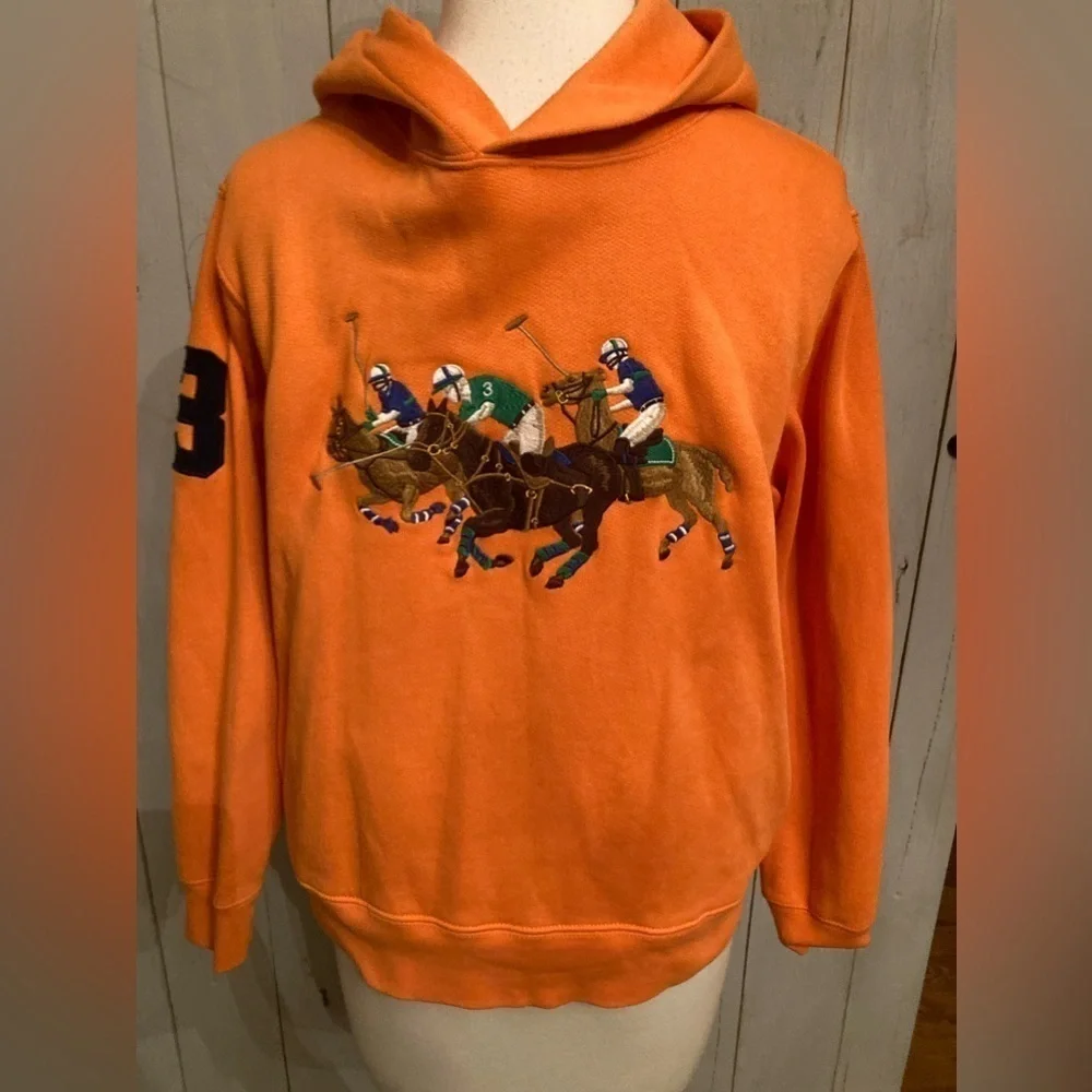 Polo Ralph Lauren Boy’s May‎ Orange Triple-Pony Graphic Fleece Hoodie. Sz-14/16