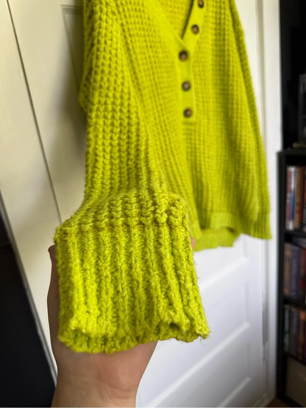 Free People Whistle Thermal Henley Lime Green Chunky Oversized V-Neck Pullover L