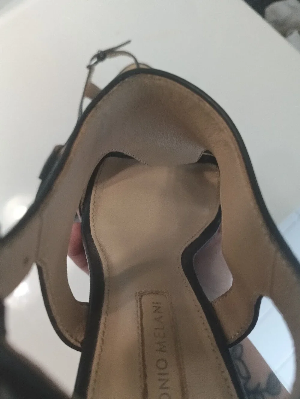 Antonio Melani Black Leather Platform Wedge Sandals Size 6.5 Ankle Strap