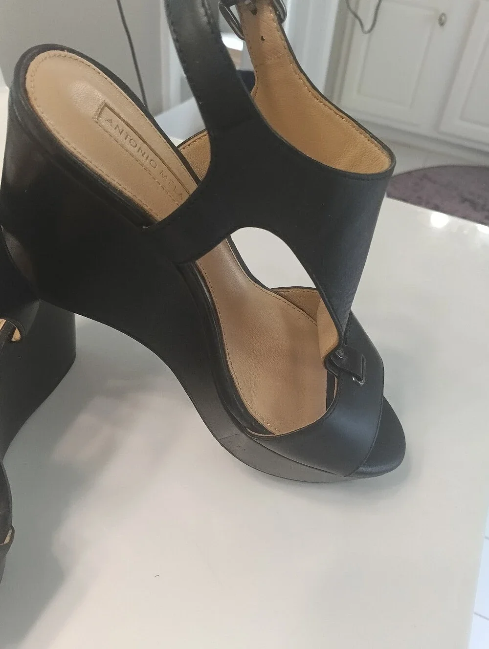 Antonio Melani Black Leather Platform Wedge Sandals Size 6.5 Ankle Strap