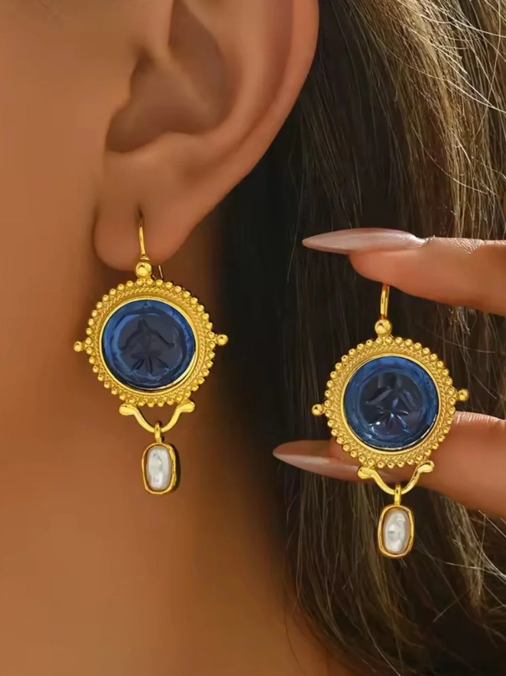 Earrings Blue Pearl Gold Vintage