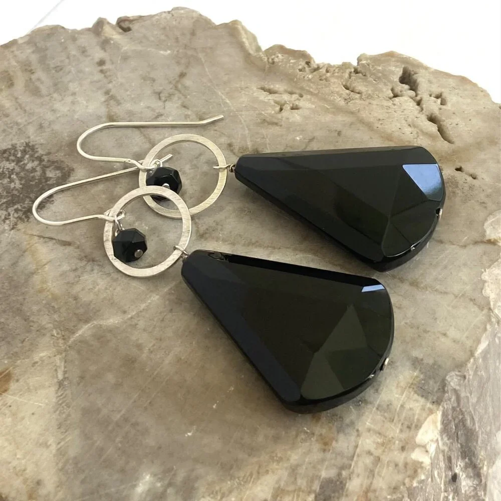 Deb Guyot Sterling Silver 925 Faceted Teardrop Black Tourmaline Dangle Earrings