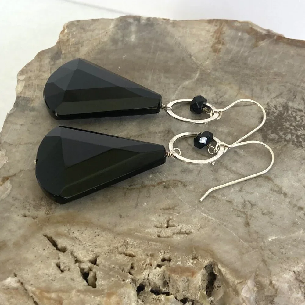 Deb Guyot Sterling Silver 925 Faceted Teardrop Black Tourmaline Dangle Earrings