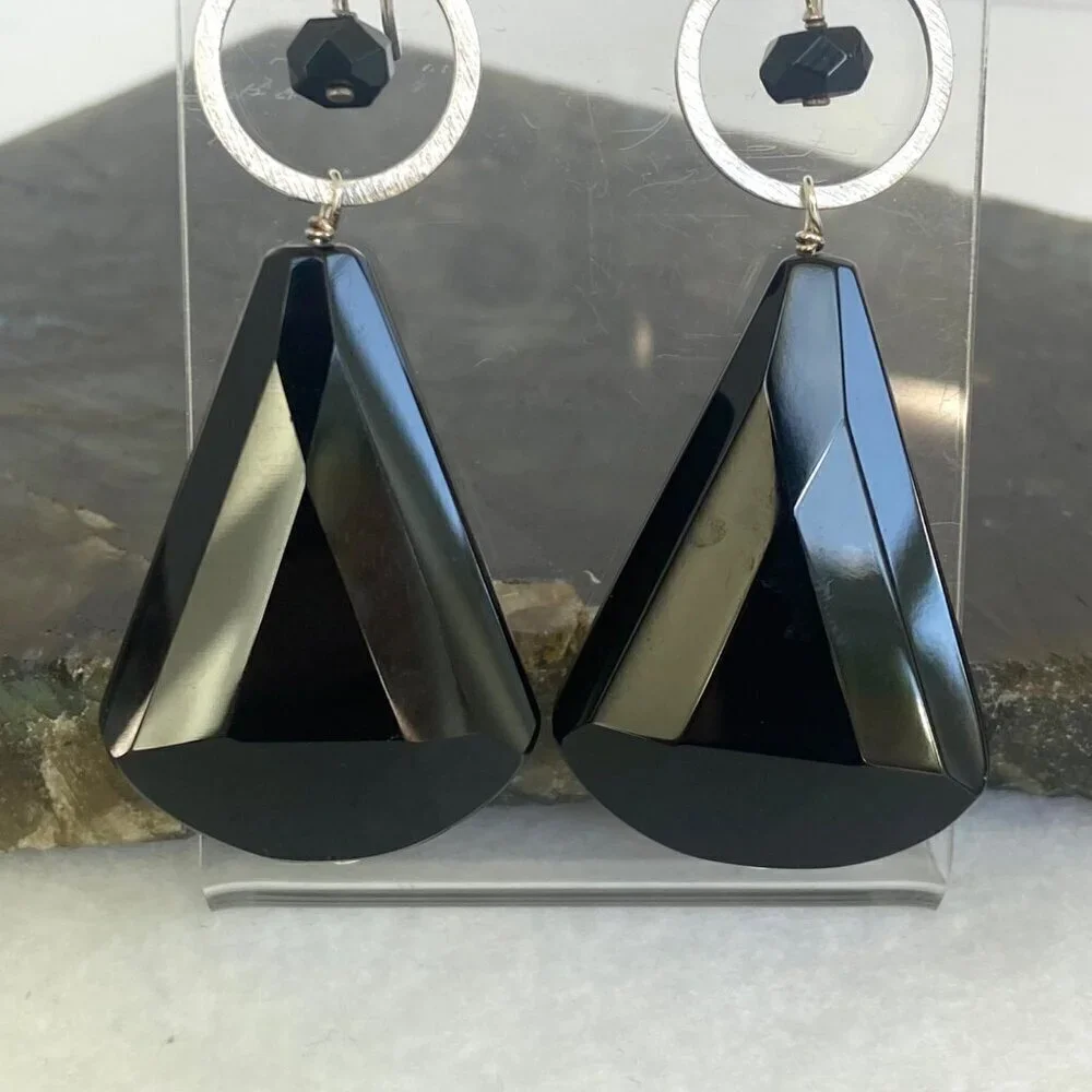 Deb Guyot Sterling Silver 925 Faceted Teardrop Black Tourmaline Dangle Earrings