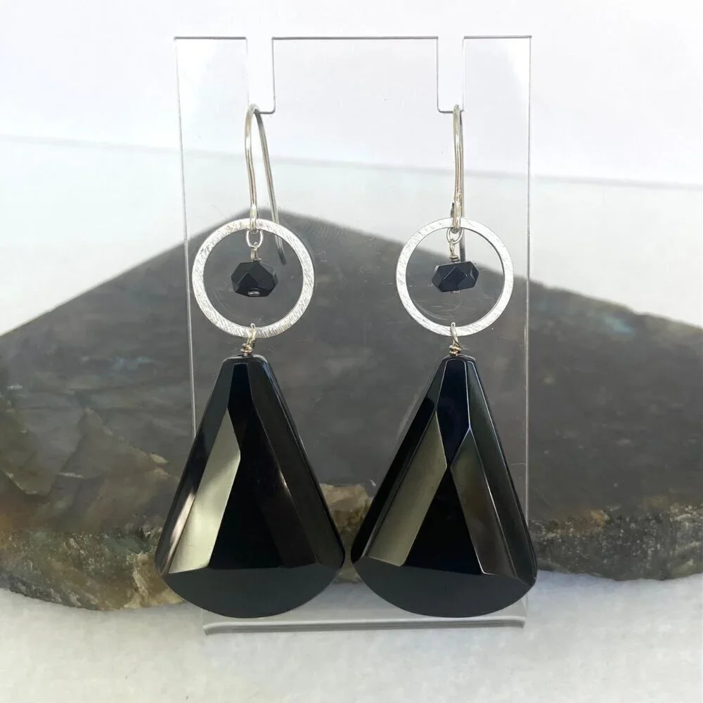 Deb Guyot Sterling Silver 925 Faceted Teardrop Black Tourmaline Dangle Earrings