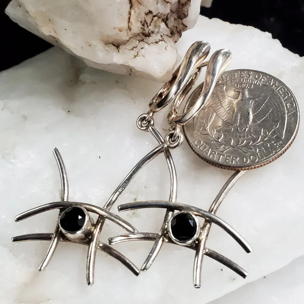 Sterling Silver 925 Earrings Natural Black Onyx Abstract Designer Silversmith
