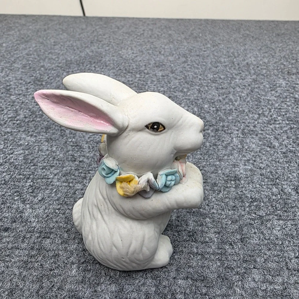 Vintage GOT Ceramic White Rabbit Figurine Flower Garland Collar‎ Easter Decor 4