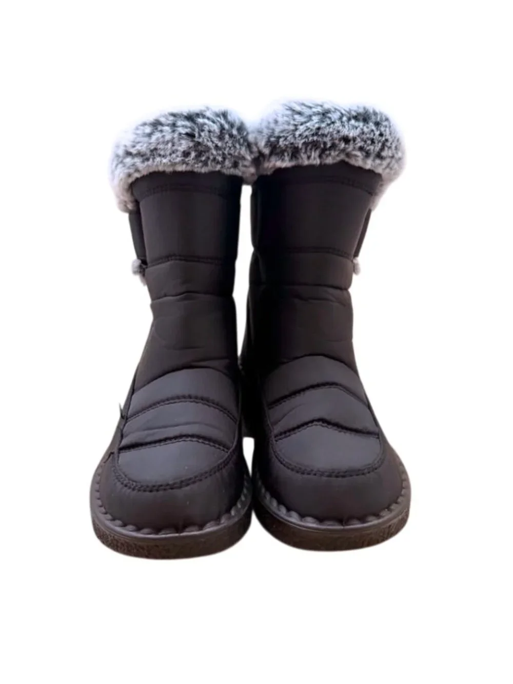 Black Quilted Winter Snow Boots Faux Fur Trim Shoes Size US 5.5 / EU 36