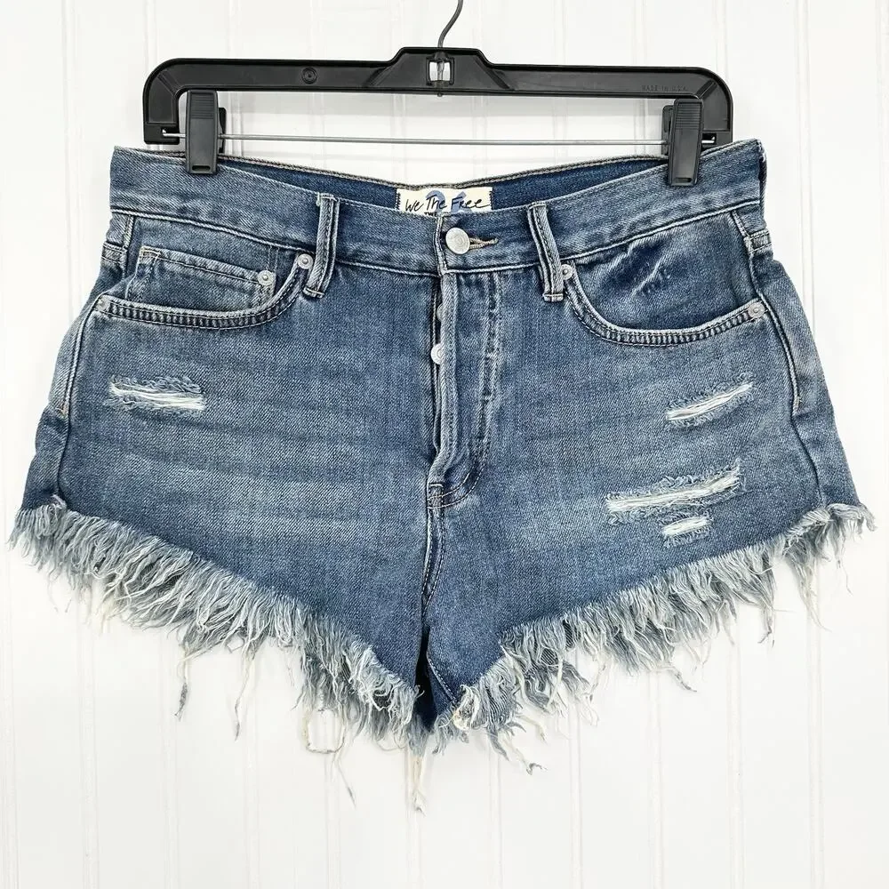We The Free People Shorts Womens 26 Blue Denim Button Fly Distress Anthropologie