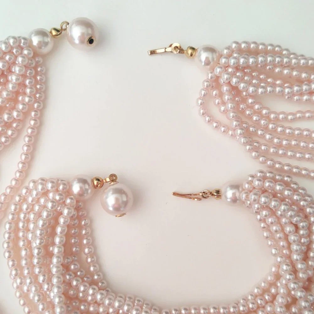 Vintage multi strand pink beaded necklace and bracelet set