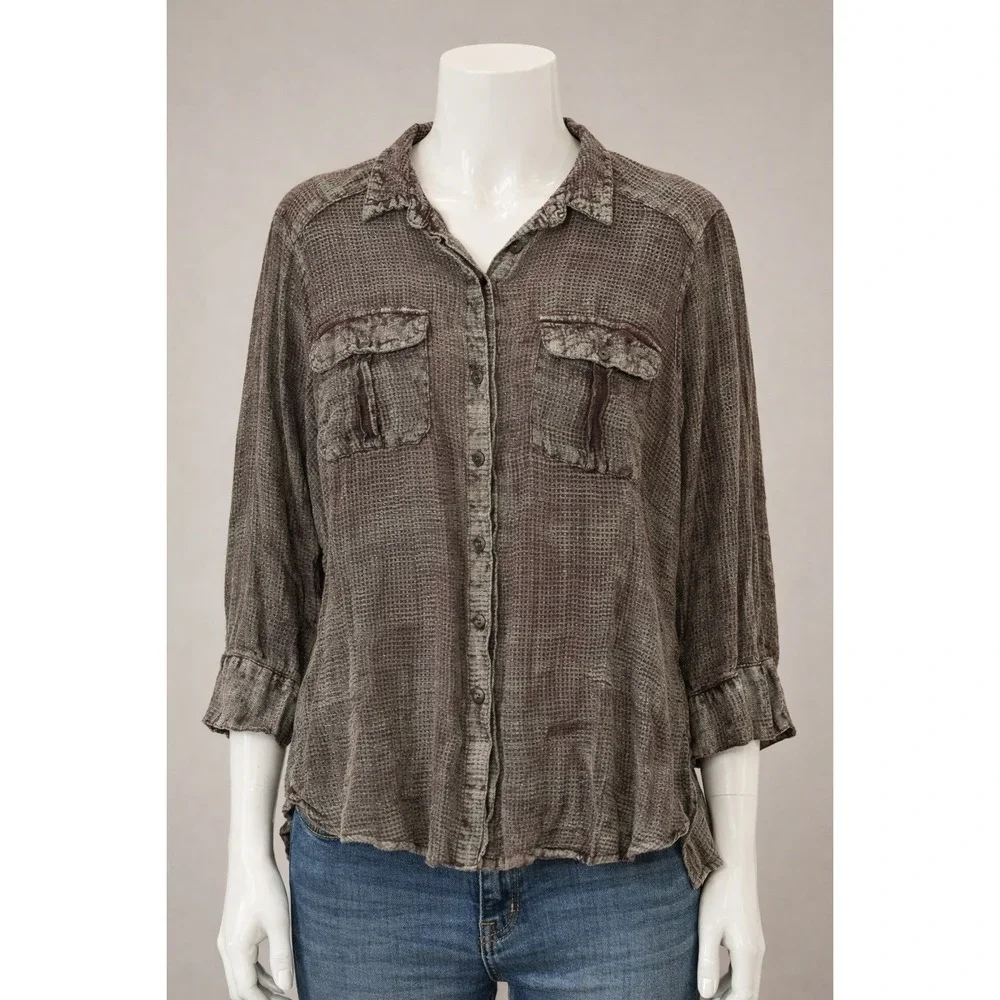Free People Waffle Knit Thermal Button Raw Hem‎ Boho Oversized Shirt M Slouchy
