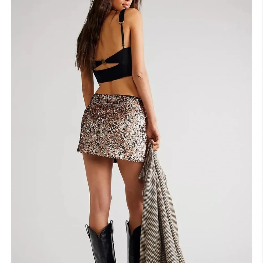 NWT Free People Annalise Black and Gold Sequin Mini Skirt Size 8
