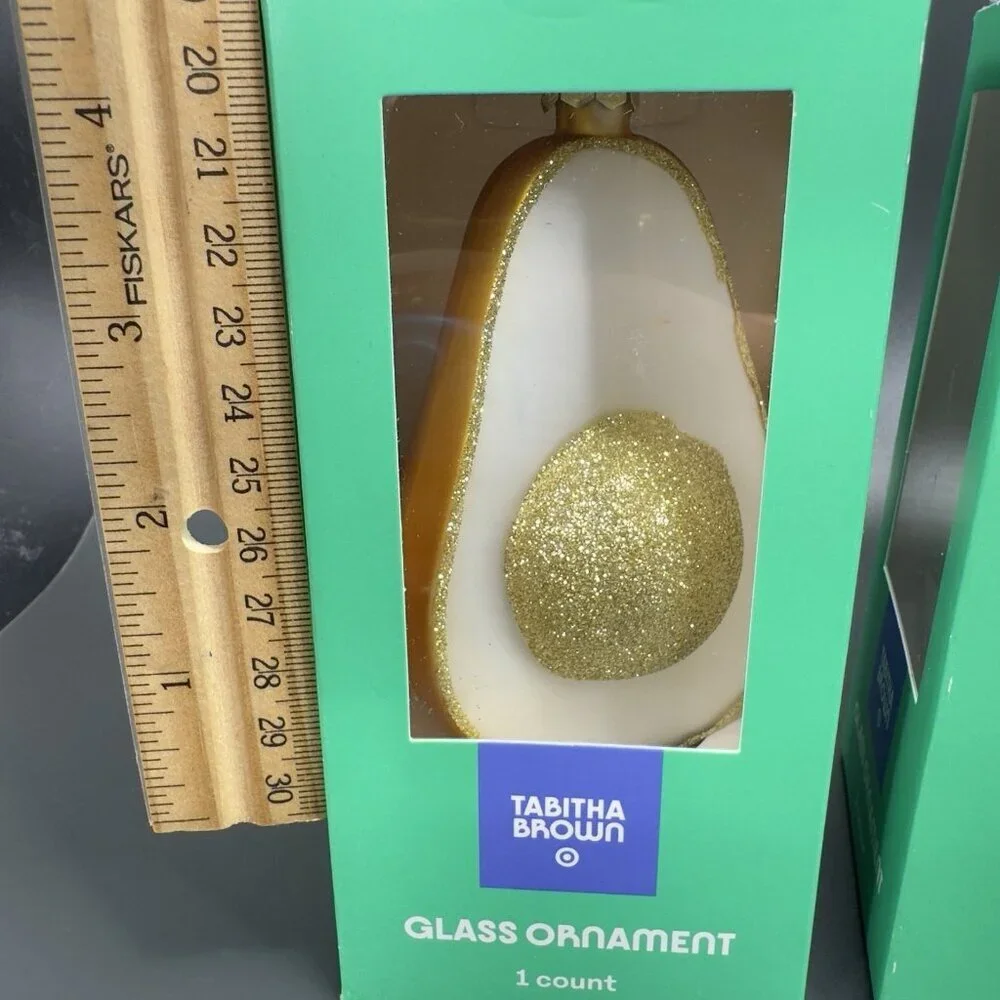 Tabitha Brown Glittery Golden Avocado Glass‎ Ornament Set 2 New In Box Gold Tone