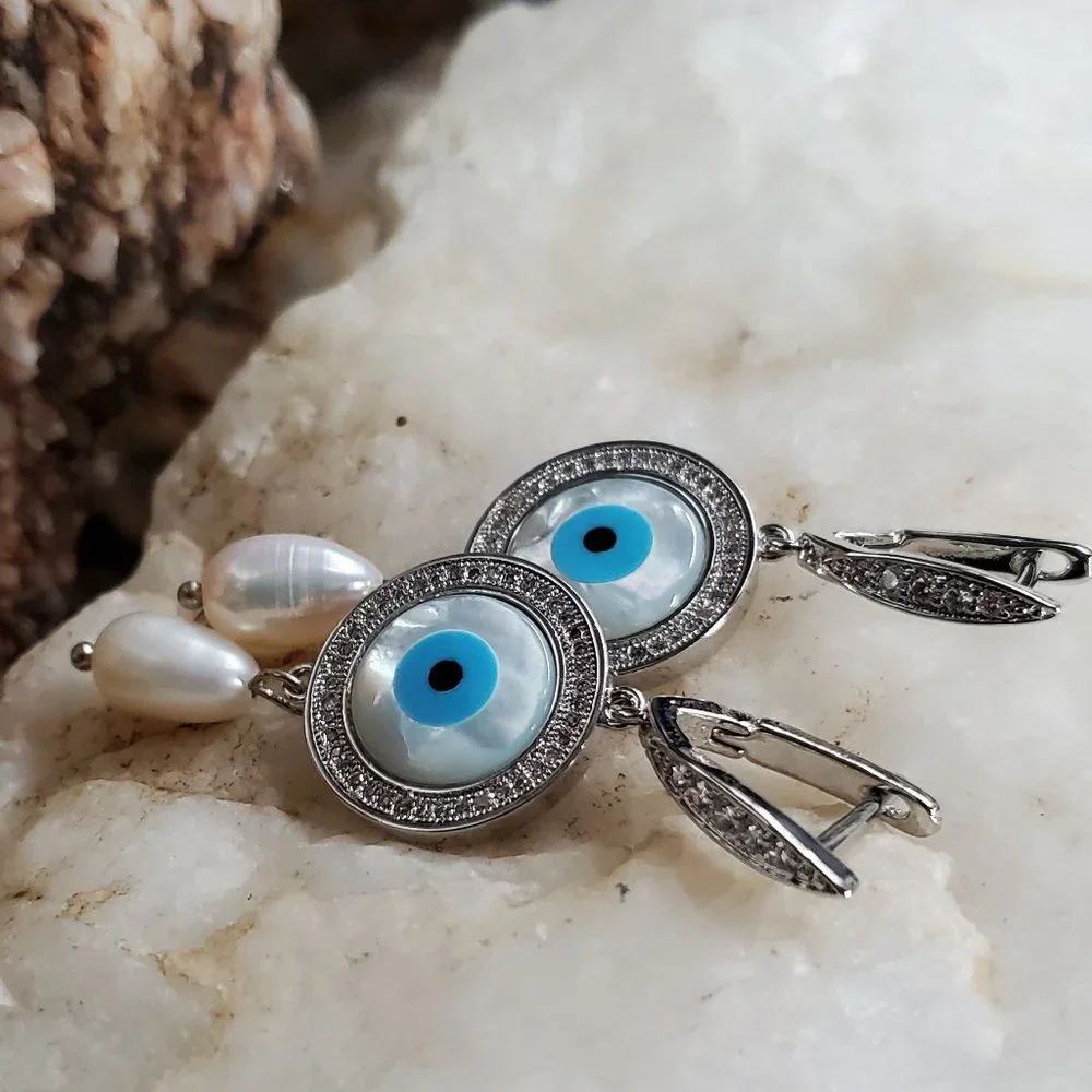 Rhodium Platinum plated Earrings Topaz Pave Pearl Evil Eye Mother Of Pearl