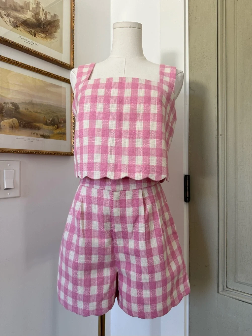 NWT Commense Pink Gingham Two-Piece Crop Top & Shorts Set