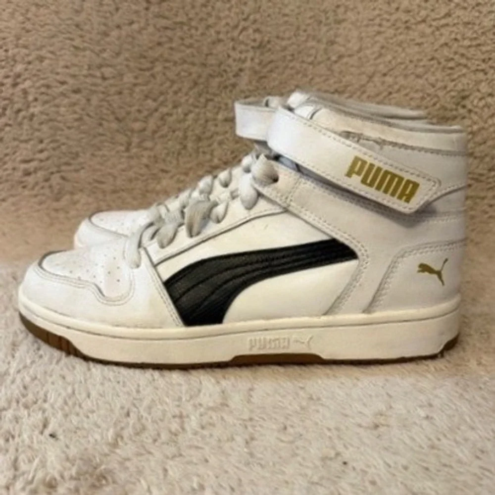 Puma Rebound Joy Kids White Black Gold High Top Sneakers 384451-02 Size 6C US