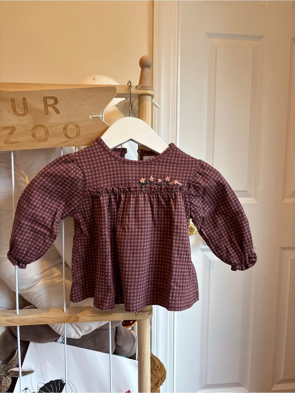 Zara Baby Gingham Embroidered Long Sleeve Top | 3–6M | 100% Cotton