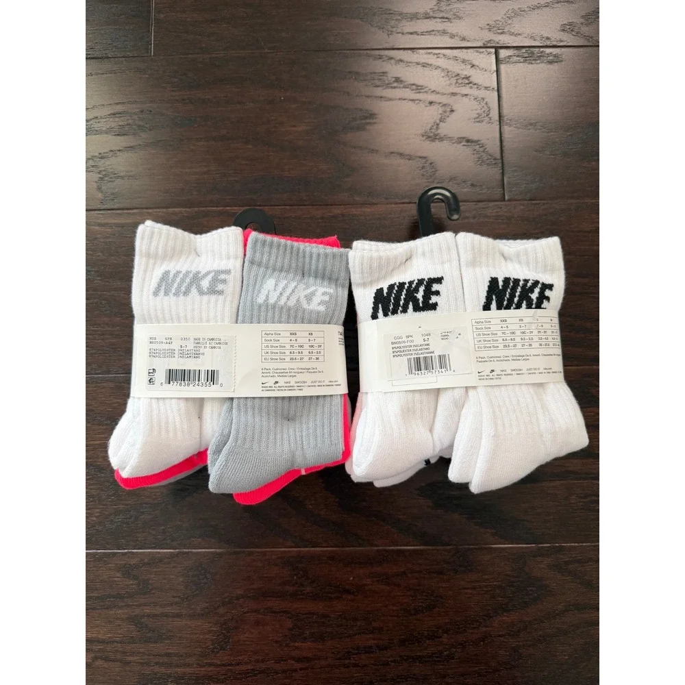 Nike Kids Crew Cushioned Socks 12 Pair Pack White Grey Pink XS 5-7 BN0509-A4F