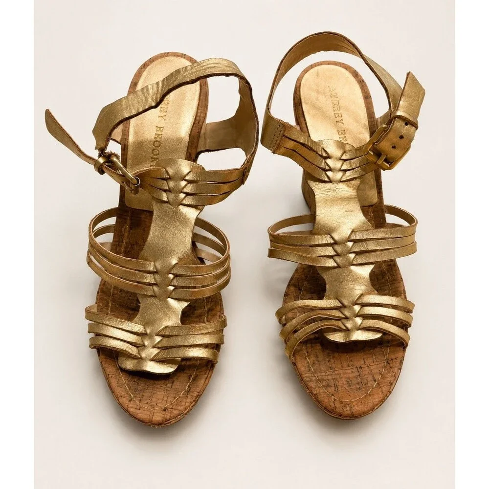 Audrey Brooke Carina Gold Leather Cork Wedge Sandals Women 9M Strappy 4” Heel