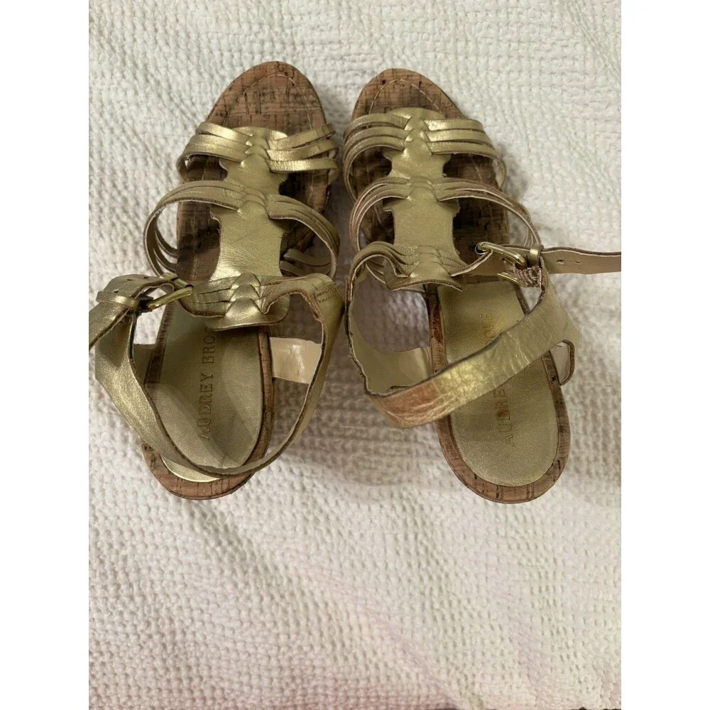 Audrey Brooke Carina Gold Leather Cork Wedge Sandals Women 9M Strappy 4” Heel