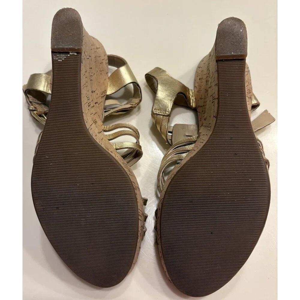 Audrey Brooke Carina Gold Leather Cork Wedge Sandals Women 9M Strappy 4” Heel