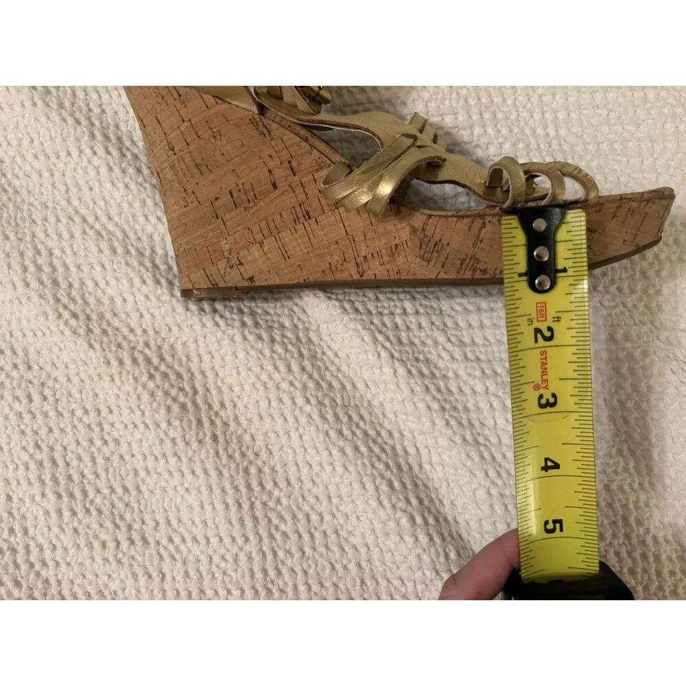 Audrey Brooke Carina Gold Leather Cork Wedge Sandals Women 9M Strappy 4” Heel