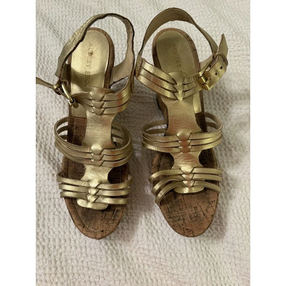 Audrey Brooke Carina Gold Leather Cork Wedge Sandals Women 9M Strappy 4” Heel