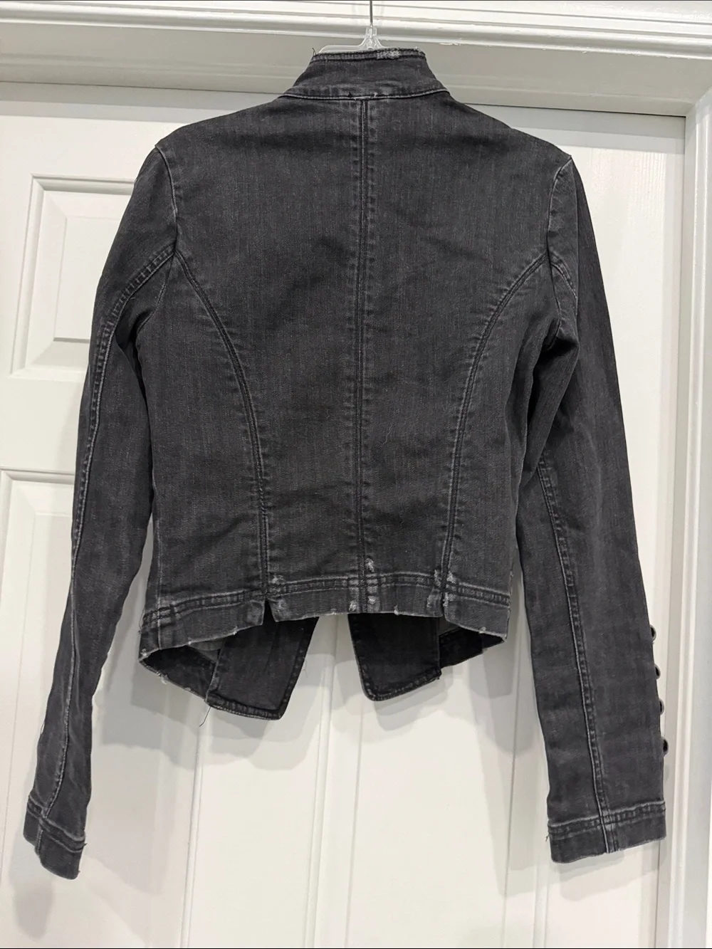 Free People Distressed Black Military-Style Jean Jacket
