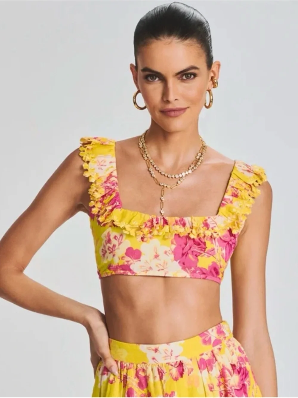 Hemant & Nandita Auril Floral Ruffle Crop Top NWT XXS Yellow Linen Retrofete