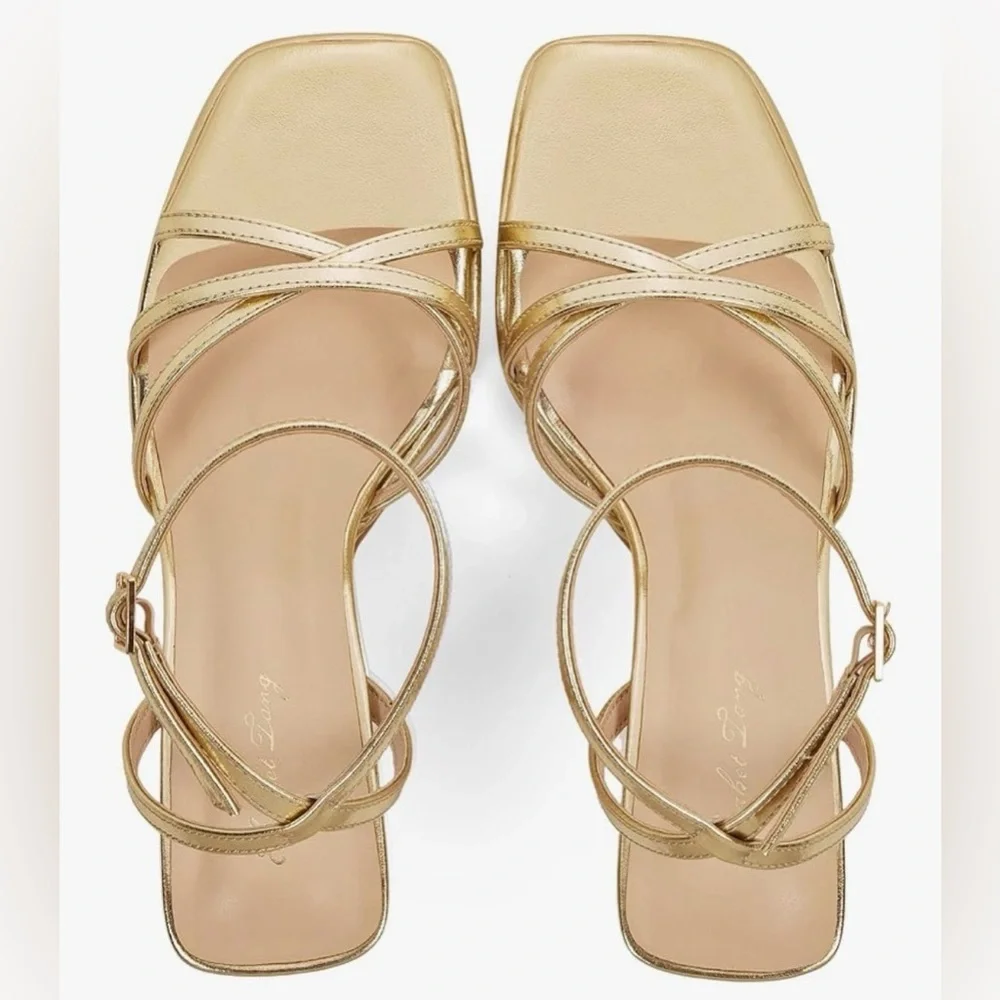 NEW Elisabet Tang Gold Strappy Heel Sandals Size 8 Square Toe 3” Heel
