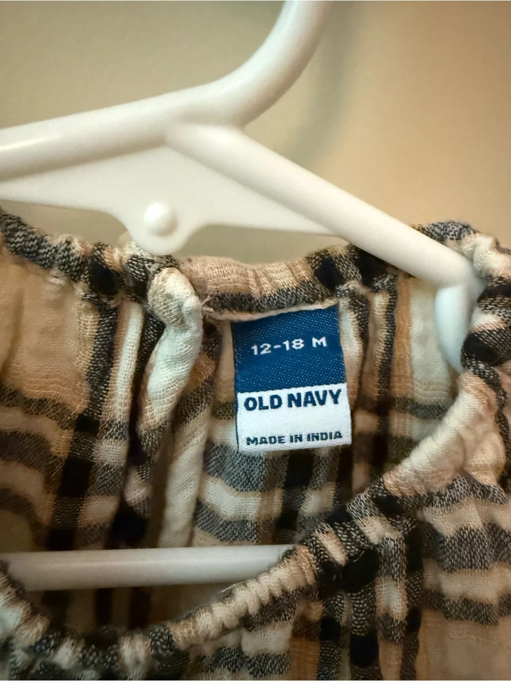 Old Navy Plaid Baby Romper in Cream, Black & Tan