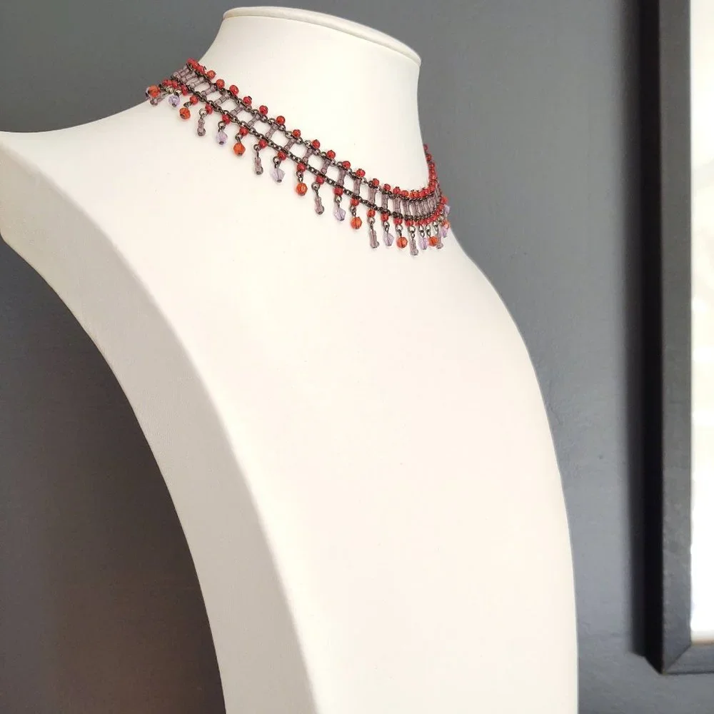 Orange and lavender beaded choker necklace